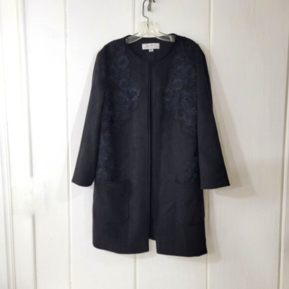Tahari Arthur S. Levine Black Ultra Suede Jacket with Lace Applique - Picture 1 of 7